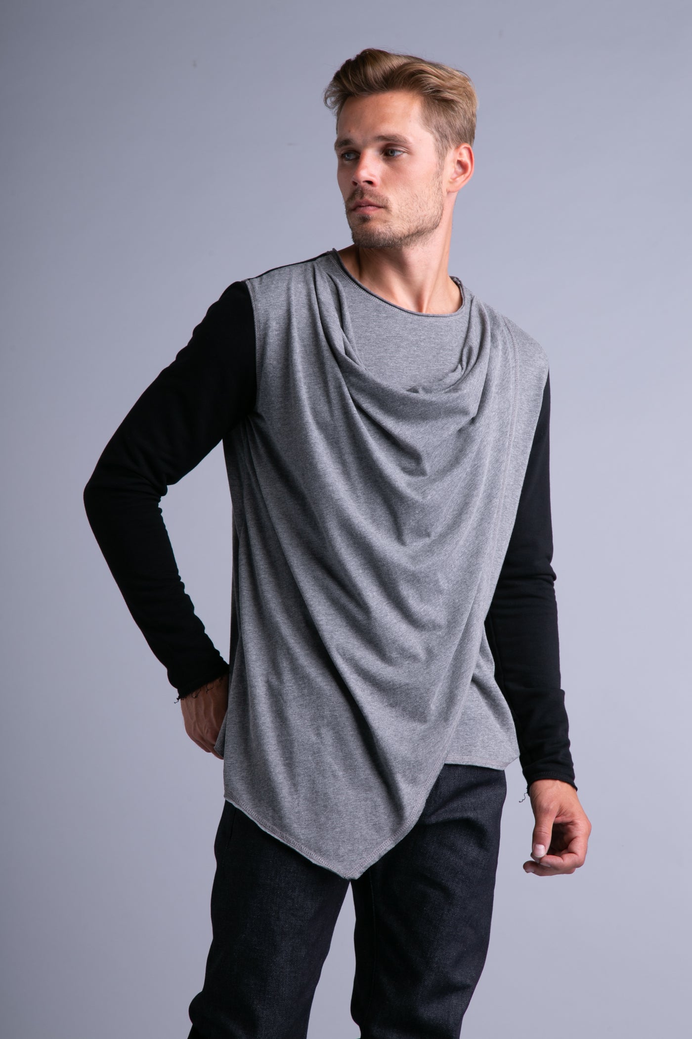 Draped shirt for men, long sleeves | Black, grey