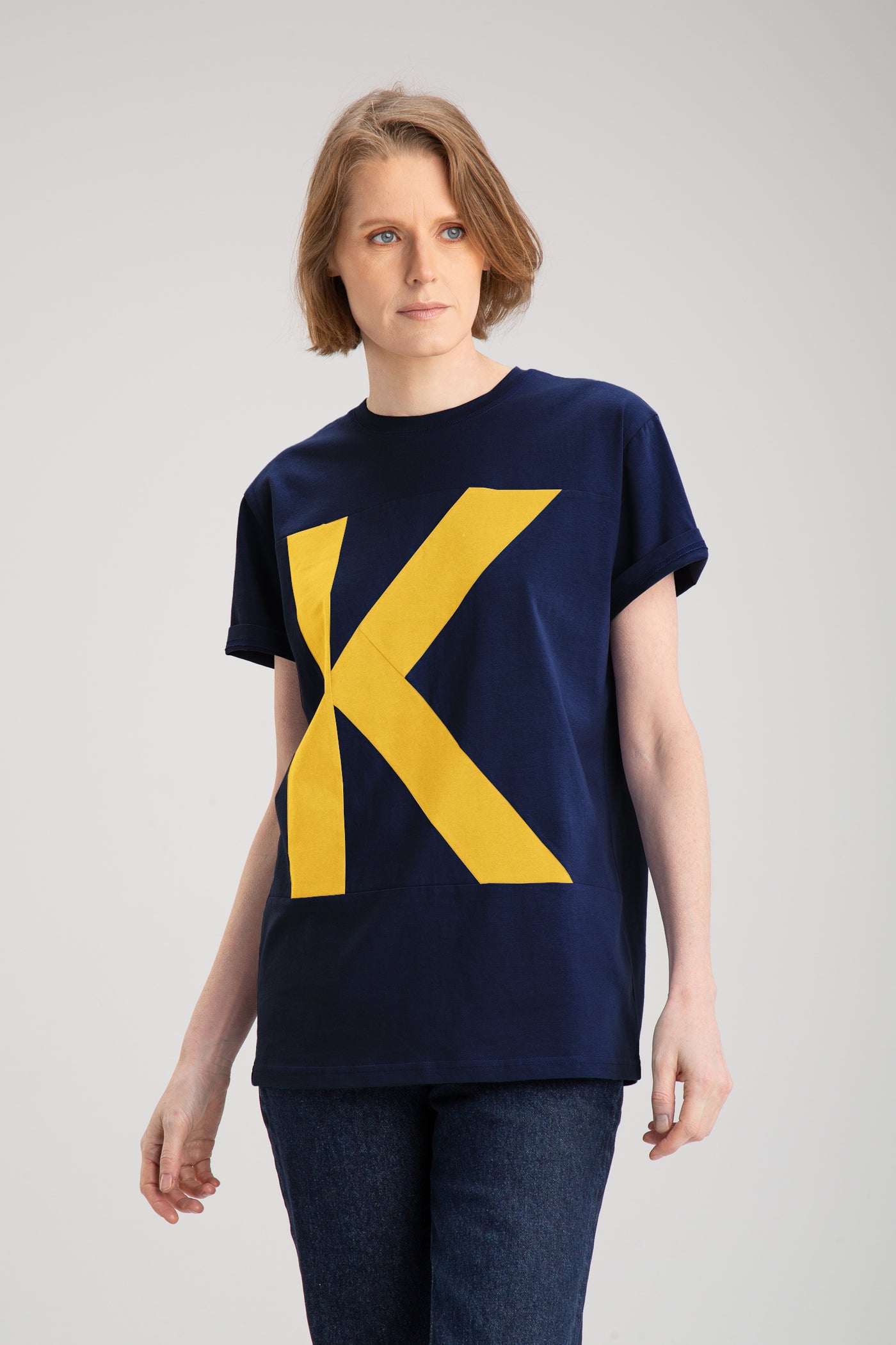 Naiste up-shirt, K motiiviga | Sinine, kollane