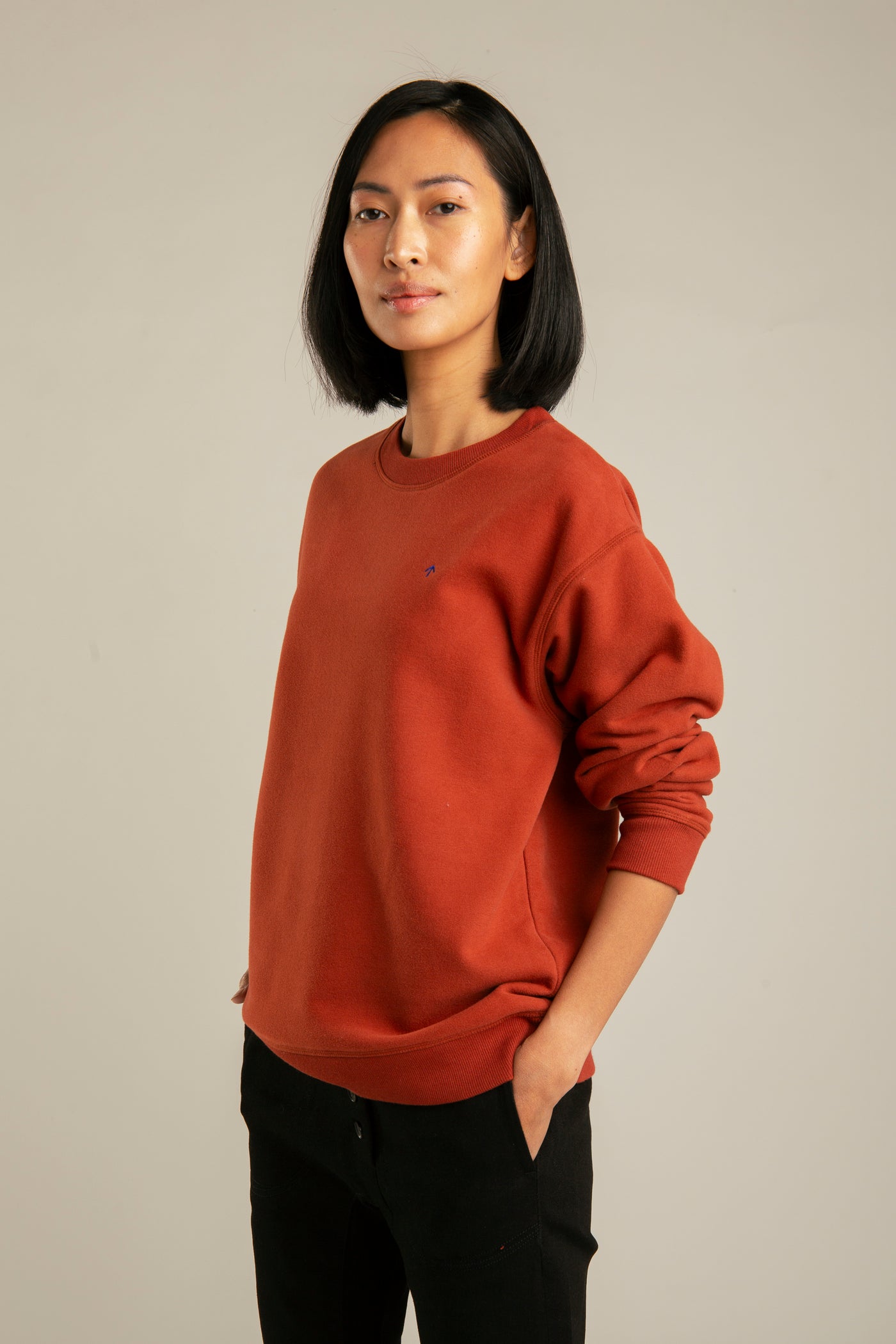 Pullover für Damen, Basic mit Pfeil-Stickerei | Ziegelrot