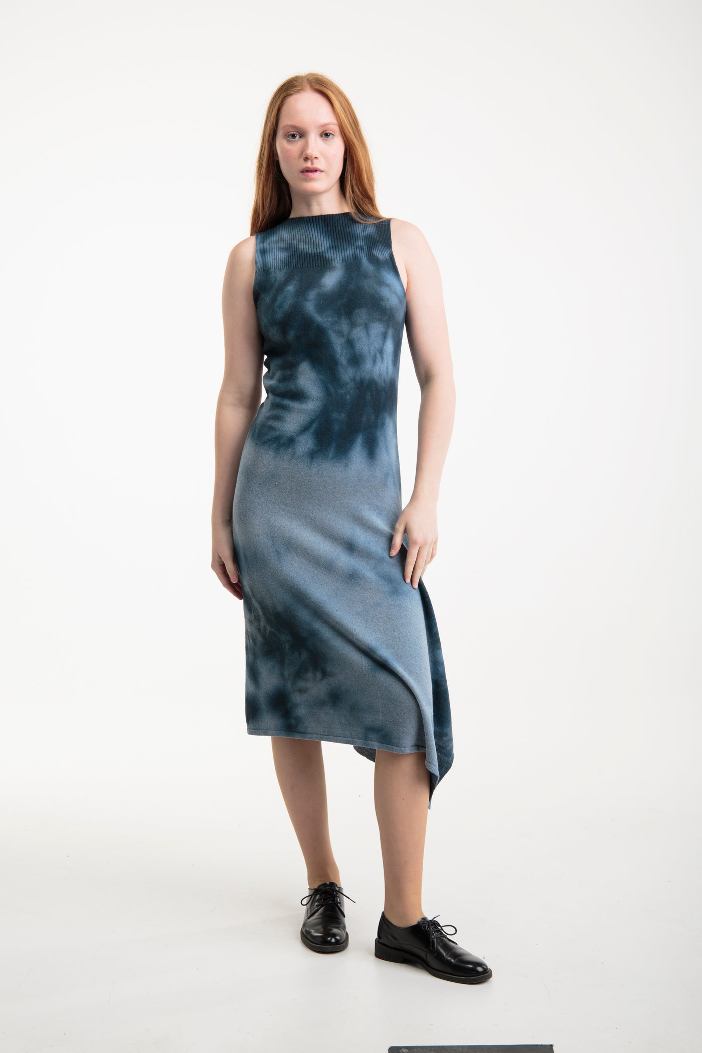 Knitted dress from recycled denim | Blue tie-dye