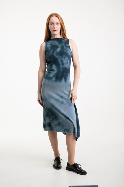 Knitted dress from recycled denim | Blue tie-dye