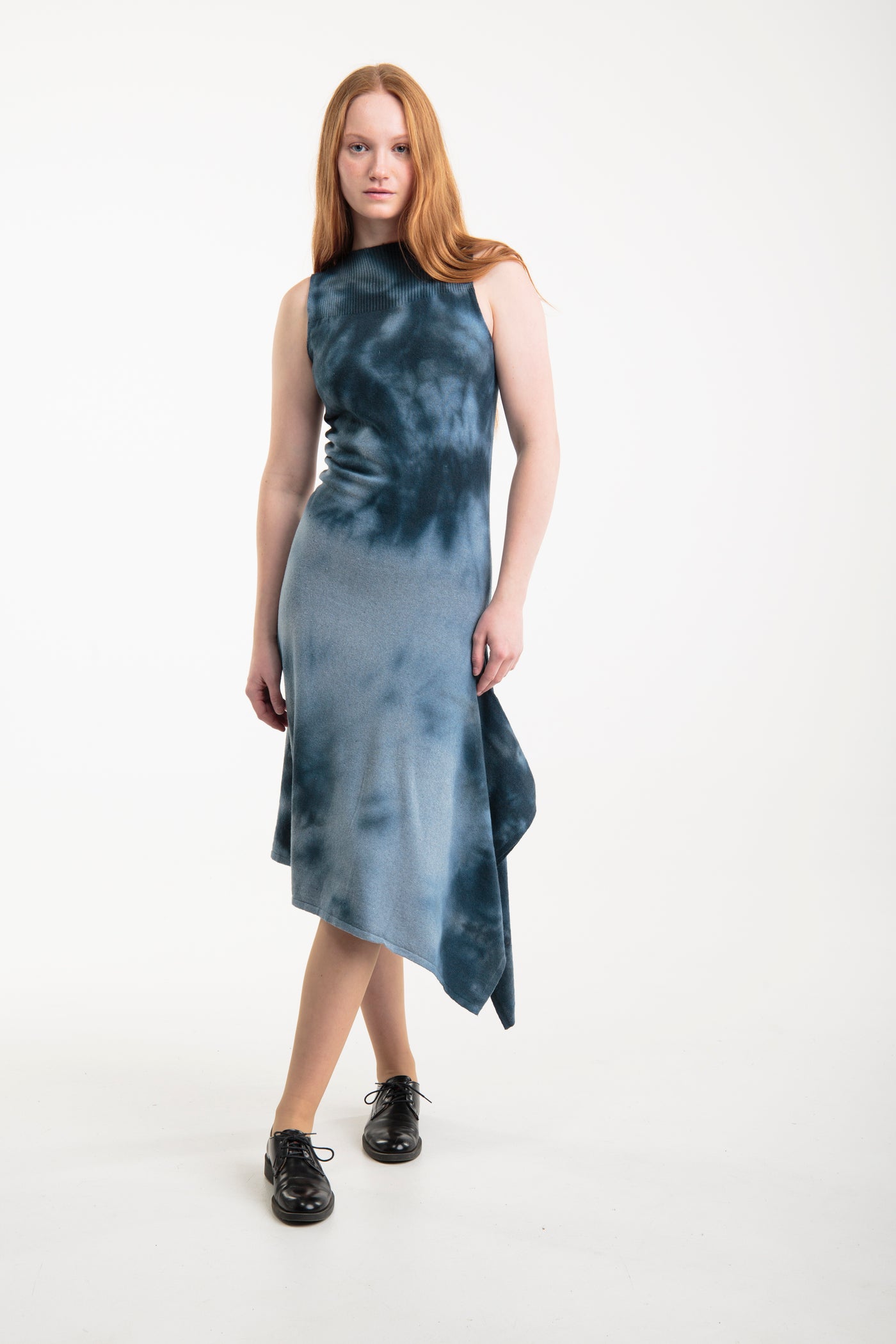 Knitted dress from recycled denim | Blue tie-dye