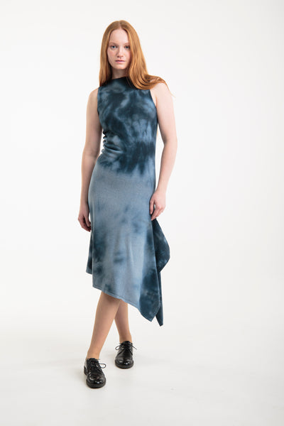 Knitted dress from recycled denim | Blue tie-dye