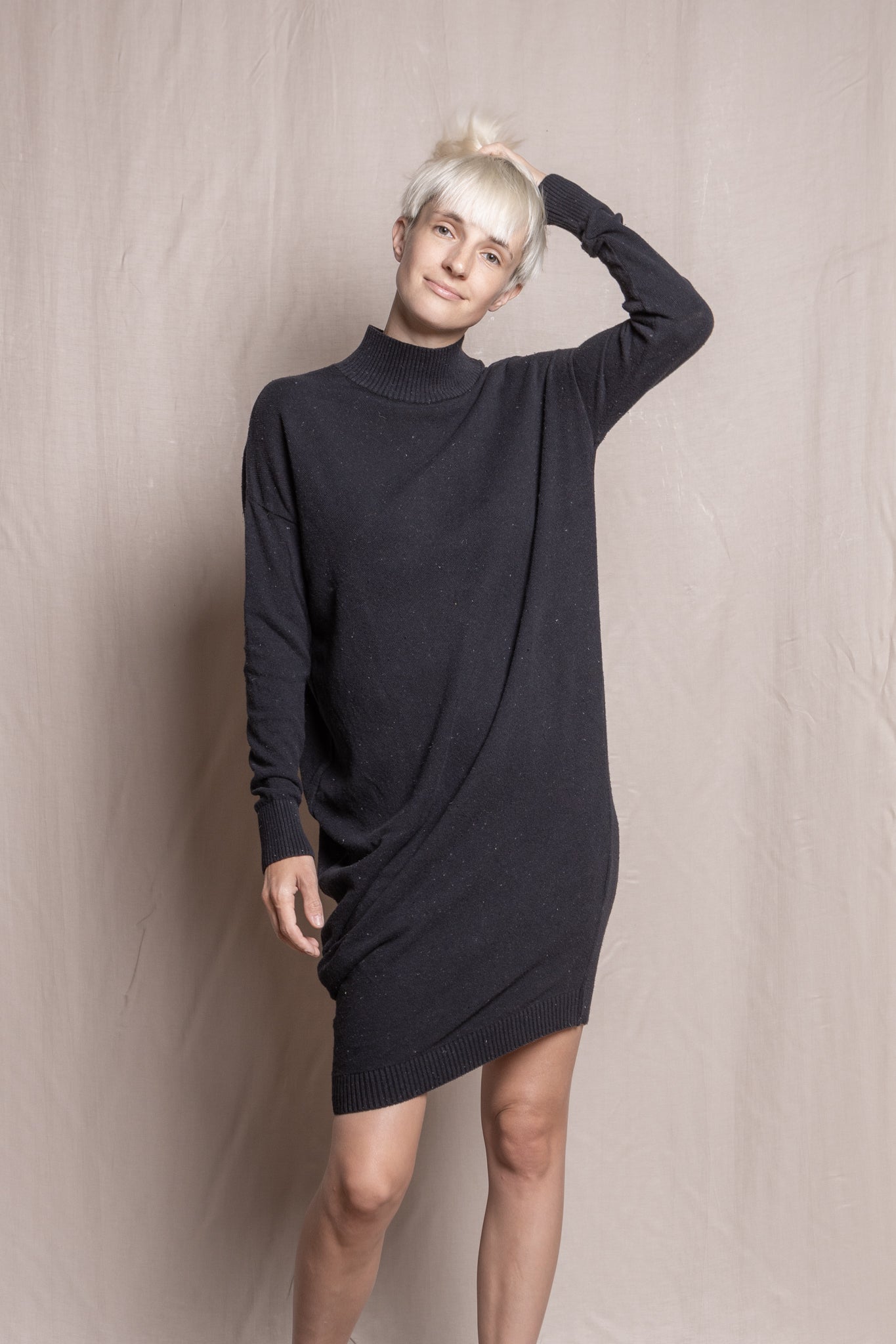 Asymmetric knitted dress with turtleneck | Black - Reet Aus
