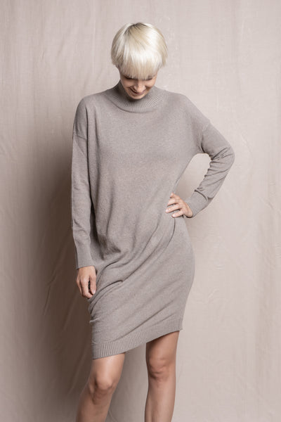 Asymmetric knitted dress with turtleneck | Beige - Reet Aus