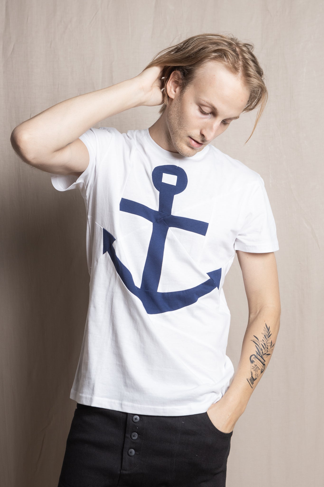Up-shirt for men, anchor motif | White, dark blue - Reet Aus