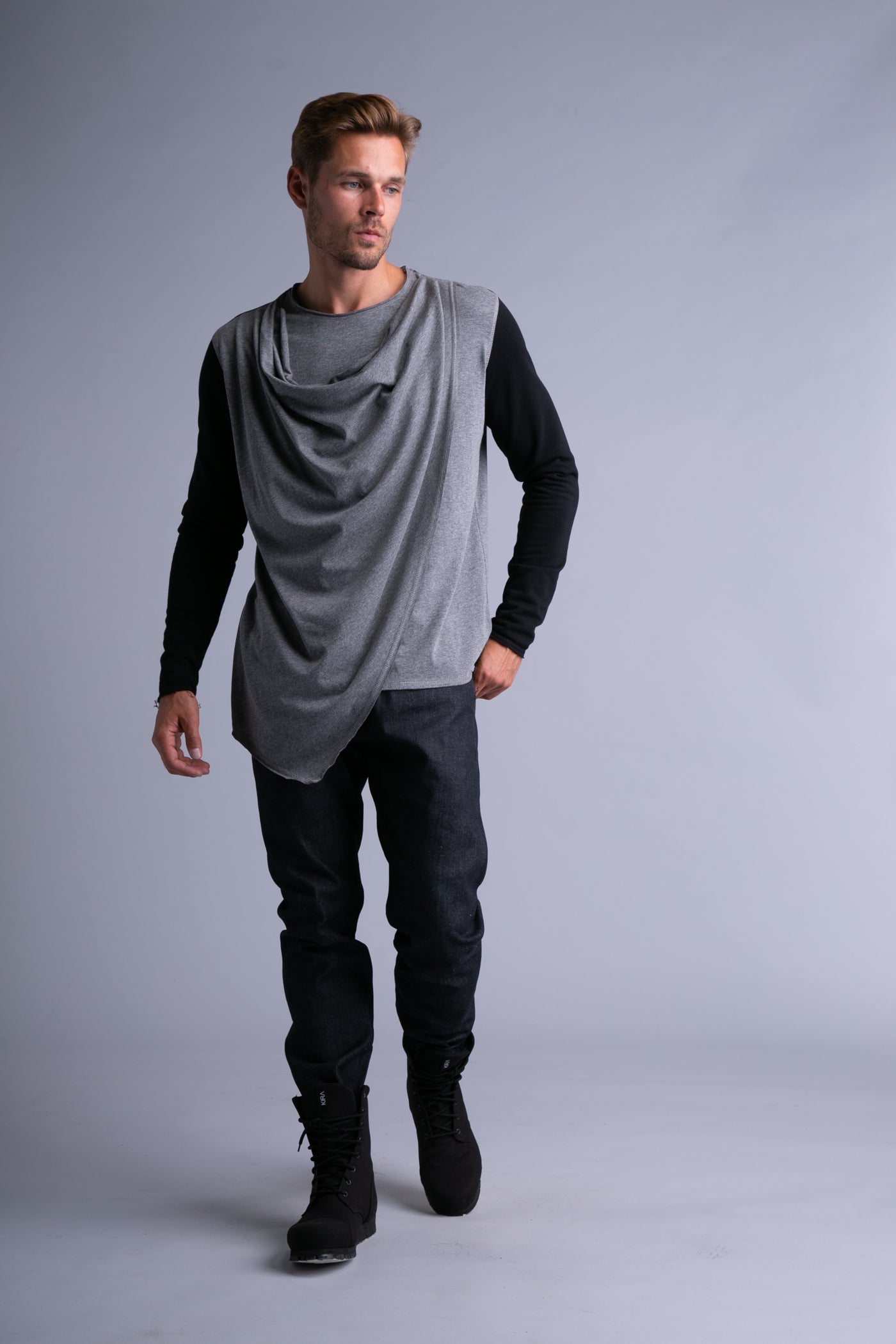 Draped shirt for men, long sleeves | Black, grey