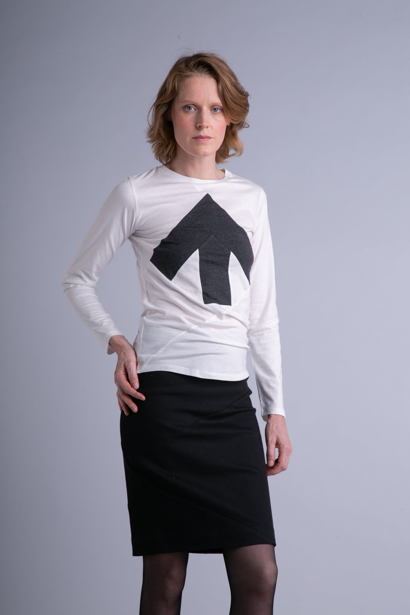 Naiste up-shirt, pikkade varrukatega | Valge, tumehall 