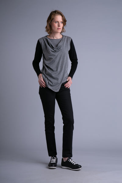 Drapiertes Shirt für Damen, lange Ärmel | Schwarz, grau