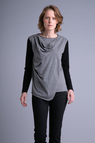 Drapiertes Shirt für Damen, lange Ärmel | Schwarz, grau